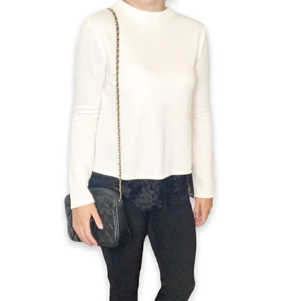 LOFT Outlet Light Sweater Winter White Cream Crew Neck Black Lace Hem Size Small